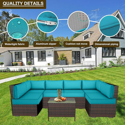 14 Piece Outdoor Patio Cushion Cover Replacement, Waterproof Patio Cushion Covers, Outdoor Furniture Cushion Covers Set for 6 Seat Wicker Rattan Sofa (Blue)