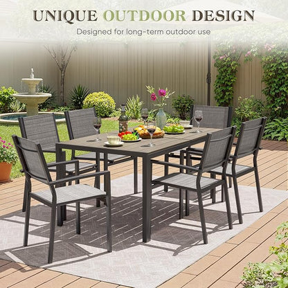 Greesum 7 Piece Patio Dining Set, Outdoor Furniture with Large Table & 6 Textilene Chairs for Garden, Poolside, Porch, Grey