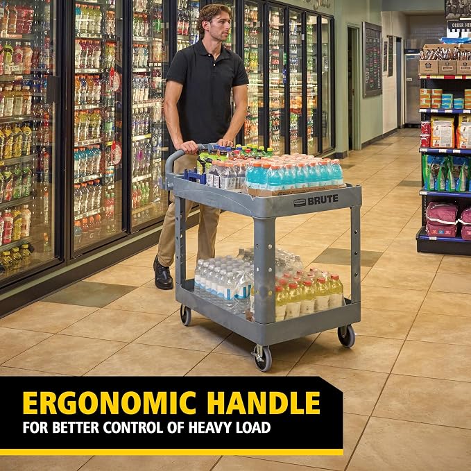 Rubbermaid Commercial Products BRUTE Heavy Duty 2-Shelf Utility/Service Cart, Medium, Lipped Shelves, Ergonomic Handle, 500 lbs. Capacity, Gray, for Warehouse/Garage/Cleaning/Maintenance/Stadiums