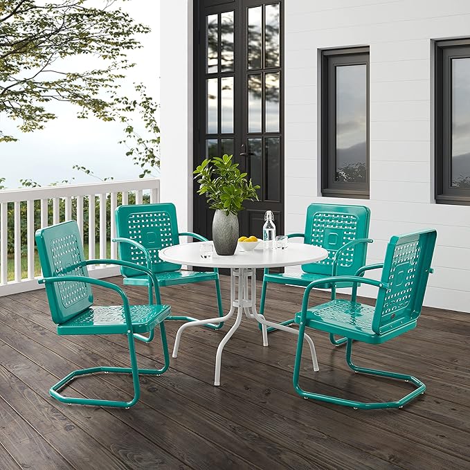 Crosley Furniture Bates 5-Piece Outdoor Dining Set for 4, Retro Metal Round Patio Table and Chairs for Deck, Turquoise Gloss
