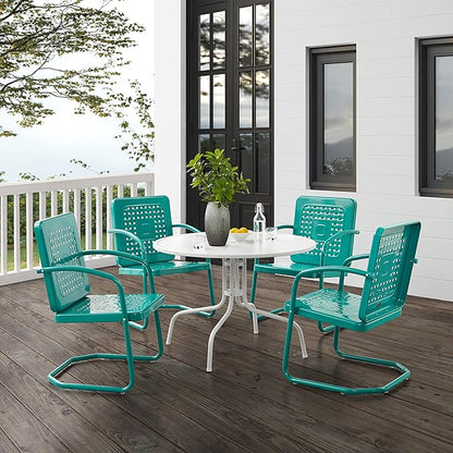 Crosley Furniture Bates 5-Piece Outdoor Dining Set for 4, Retro Metal Round Patio Table and Chairs for Deck, Turquoise Gloss