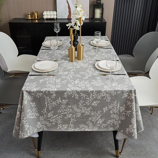 LIBERECOO Vinyl Tablecloth with Flannel Backing –Indigo Botanical Charm, Waterproof, Wipeable, Durable Table Cover – 4 Colors