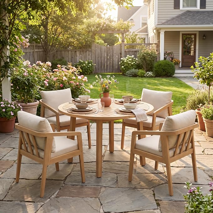 FansaFurn 5 Pieces Acacia Outdoor Patio Table and Chairs Set for All-Weather, Outside Furniture with Table Umbrella Hole and Removable Cushion for 4, Backyard Furniture Set for Patio, Garden, Beige