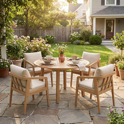 FansaFurn 5 Pieces Acacia Outdoor Patio Table and Chairs Set for All-Weather, Outside Furniture with Table Umbrella Hole and Removable Cushion for 4, Backyard Furniture Set for Patio, Garden, Beige