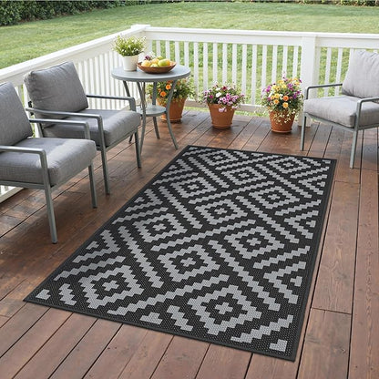 GENIMO Outdoor Rug 3'x5' Waterproof for Porch, Plastic Door Mat Black Grey | Outside Modern Carpet for Patio Decor, Balcony, Deck, Backyard, Picnic, Camping, RV, Reversible, Foldable, Lightweight
