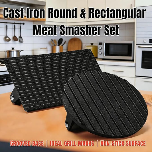 2Packs Cast Iron Smashed Burger Press,6.7" Round/8.3" Rectangular Grill Press with Wooden Handle,Heavy-Duty Flat Edge Burger Tool for Crispy Smash Burgers,BBQ & Griddle Accessories (Round+Rectangular)