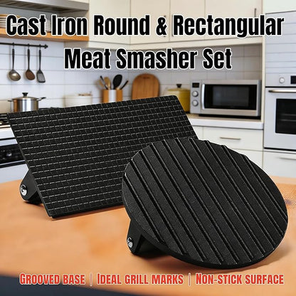 Cast Iron Smashed Burger Press,8.3" Rectangular Grill Press with Wooden Handle,Heavy-Duty Flat Edge Burger Tool for Crispy Smash Burgers,BBQ & Griddle Accessories (Rectangular)