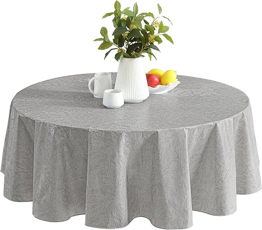 Newbridge Napa Leaf Grey Vinyl Flannel Backed Tablecloth, 70 Inch Round, Hotel Quality Waterproof Indoor Outdoor Table Cover for Kitchen, Patio, Dining, BBQ
