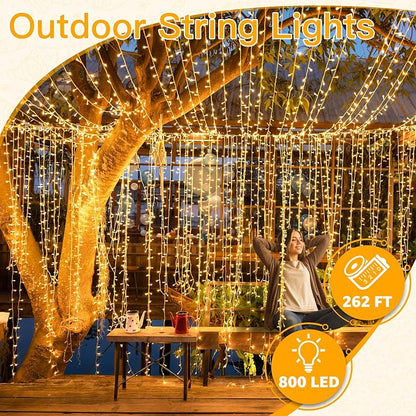 Ollny Christmas Lights Outdoor 800LED 262FT, Warm White Plug in Fairy Light with Remote, 8 Modes Waterproof Timers Dimmable LED String Lights for Indoor House Outside Bedroom Patio Balcony