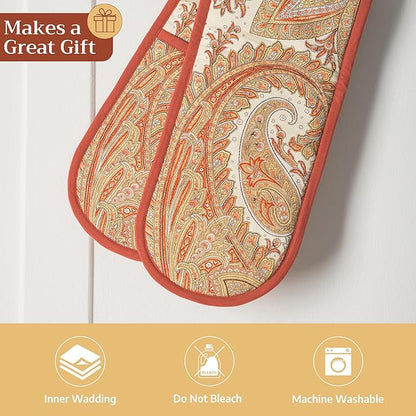Maison d' Hermine Double Oven Mitt (7" x 35") 100% Cotton Heat Resistant BBQ Cooking Gloves with Loop for Thanksgiving Christmas Decorations Baking Cooking Barbeque Handling Hot Pan (Kashmir Paisley)