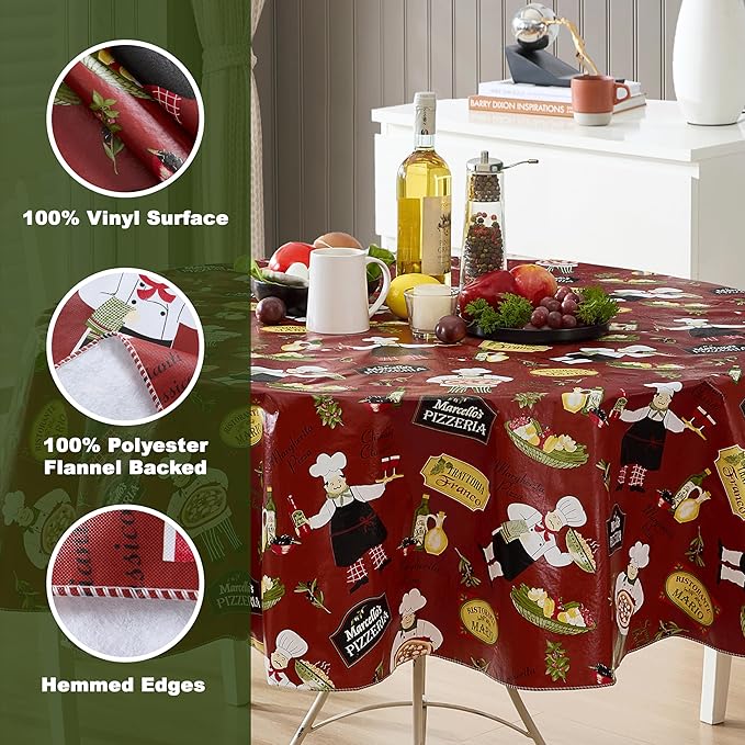 Newbridge 70 Inch Round Vinyl Tablecloth with Flannel Backing, Italian Red Bistro Chef, Novelty Chef Indoor Outdoor Waterproof Table Cover for Picnic, Barbecue, Patio and Kitchen Dining
