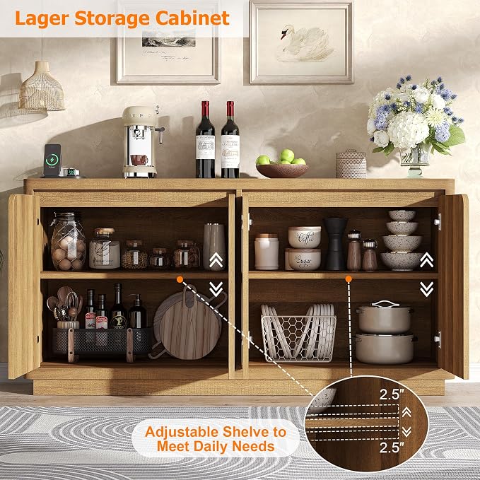 knoworld Buffet Cabinet with Storage, Outlet & Adjustable Shelves, Sideboard Cabinet with Double-Arc Doors, Classic Modern Wood Console Table & Credenza for Dining Room & Entryway