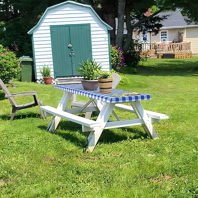 Buffalo Rectangle Picnic Tablecloth, 4 Foot Elastic Fitted Vinyl Table Cloth with Flannel Backing, Waterproof Plaid Table Covers for Dining, Camping, Outdoor (Blue and White, 24" x 48")