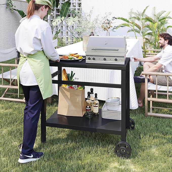 DDK 2-Tier Outdoor Grill Table, 34" Metal Top BBQ Prep Cart with Wheels & Hooks, 150 LBS Capacity Grill Cart for Patio Backyard Camping, Works as Griddle Stand & Potting Bench