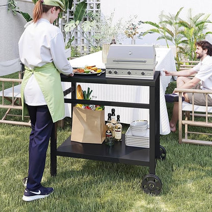 DDK 2-Tier Outdoor Grill Table, 34" Metal Top BBQ Prep Cart with Wheels & Hooks, 150 LBS Capacity Grill Cart for Patio Backyard Camping, Works as Griddle Stand & Potting Bench