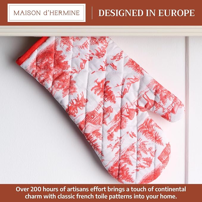 Maison d'Hermine Oven Gloves 100% Cotton Oven Mitt (7" x 13", Pack of 1) | With Loop Heat Resistant BBQ Cooking Gloves Baking Kitchen Handling Hot Pans Thanksgiving Christmas - Winter Jouy