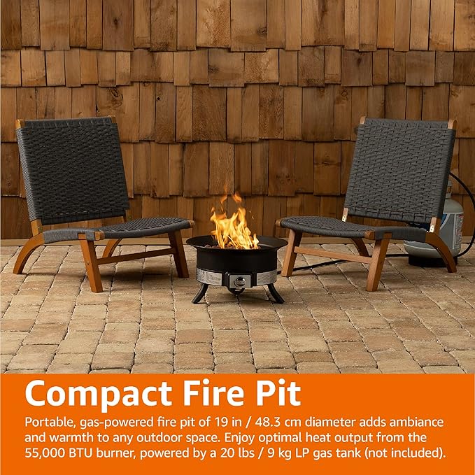 Amazon Basics Portable Propane Fire Pit, 19 inch Round Gas for Patio, 55,000 BTU, Carry Strap, Heat, Warmth and Ambience