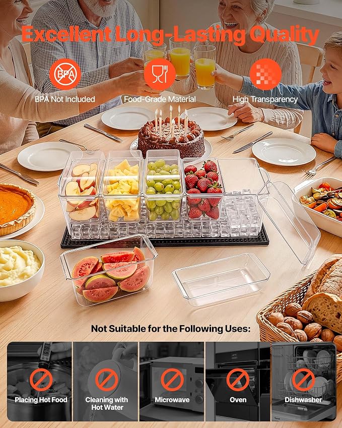 VEVOR Chilled Condiment Server Caddy, 5 Compartment Ice Cooled Serving Container, Plastic Fruit Garnish Tray Platter with Separate Lid, for Taco Salad Bar Accessories, Party Home Restaurant Supplies