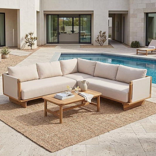 Merax 4 Piece Patio Outdoor Furniture Set, All-Weather V-Shaped Sectional Sofa with Cushions, 1 Coffee Table for Porch, Lawn, Backyard, Balcony, Light Teak+ Beige