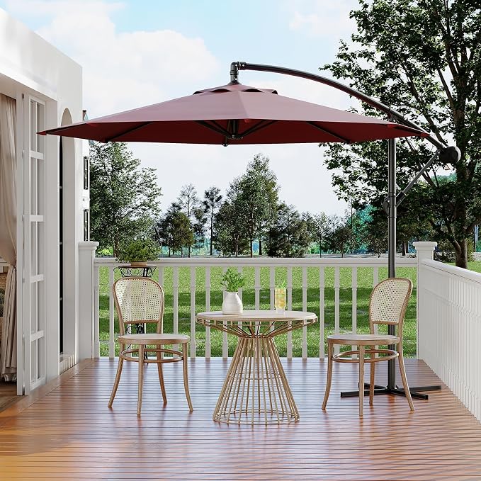 Garvee 10FT Offset Patio Umbrella with Cross Base, Burgundy | Cantilever Umbrella with Easy Lift & Tilt Adjustment, 8 Ribs Sun umbrella UV Protection for Backyard, Pool, Garden