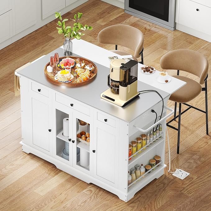 DWVO Kitchen Island with Stainless Steel Top & Power Outlet, 60 Inch Kitchen Island on Wheels with Drop Leaf, Large Rolling Mobile Center Islands w Storage Drawer Cabinet Counter Metal Top, White