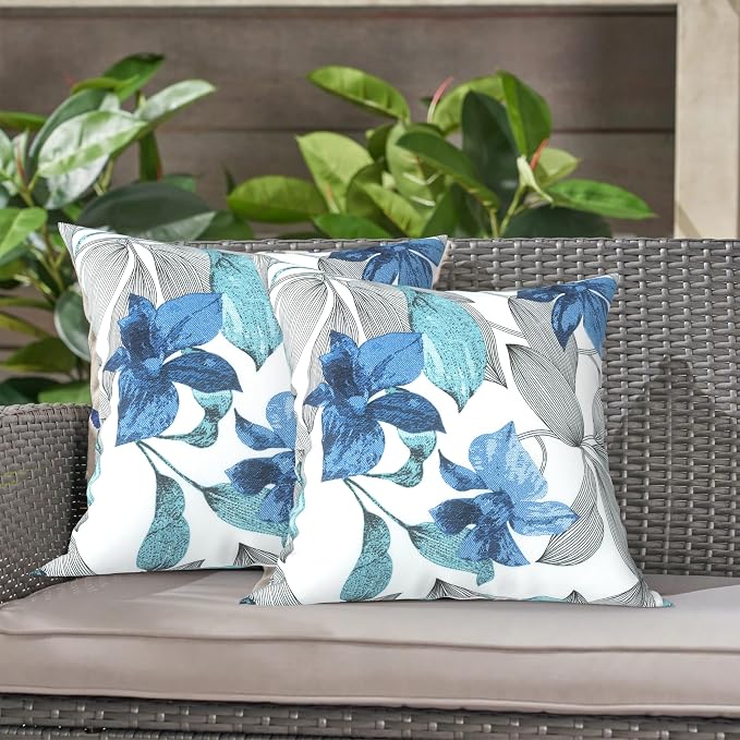 LVTXIII 2 Pack Outdoor Throw Pillow Covers for Patio Furniture, 16x16 Inch Square Pillow Case, Water-Repellent Cushion Covers for Garden, Porch, Sofa, Clemens Noir Blue