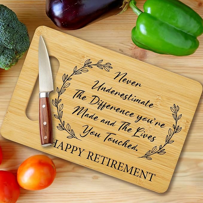 Retirement Gift for Woman, Bamboo Cutting Board for Kitchen, Happy Retirement Chopping Board, Leaving Retired Gifts for Coworker Teacher Nurse Friends -02