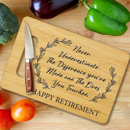 Retirement Gift for Woman, Bamboo Cutting Board for Kitchen, Happy Retirement Chopping Board, Leaving Retired Gifts for Coworker Teacher Nurse Friends -02