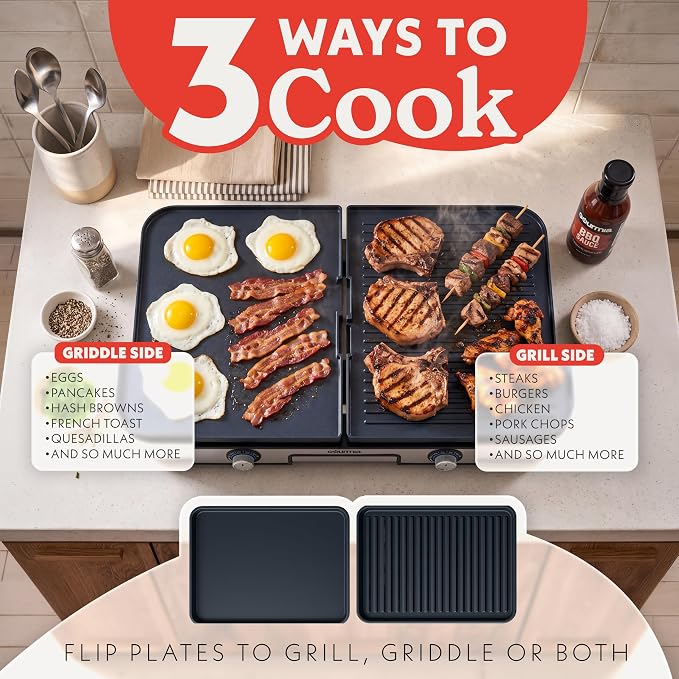 Gourmia 3-in-1 Indoor Grill & Griddle Electric Combo – Dual Independent Cooking Zones, Reversible Nonstick Ceramic Plates, XL Cooking Surface, 250–400°F Adjustable Temp, Dishwasher Safe