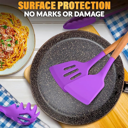 12 Pcs Purple Kitchen Accessories with Holder for Nonstick Cookware | Silicone Cooking Utensils Set for BBQ; Heat-Resistant Tools with Wooden Handles for Baking, Serving, Frying, and Mixing
