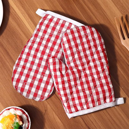 2Pcs Oven Mitts for Play Kitchen, Anti- Scald Gloves Microwave Oven Gloves Kitchen Mitts for Safe Baking Cooking (Red Checkered)