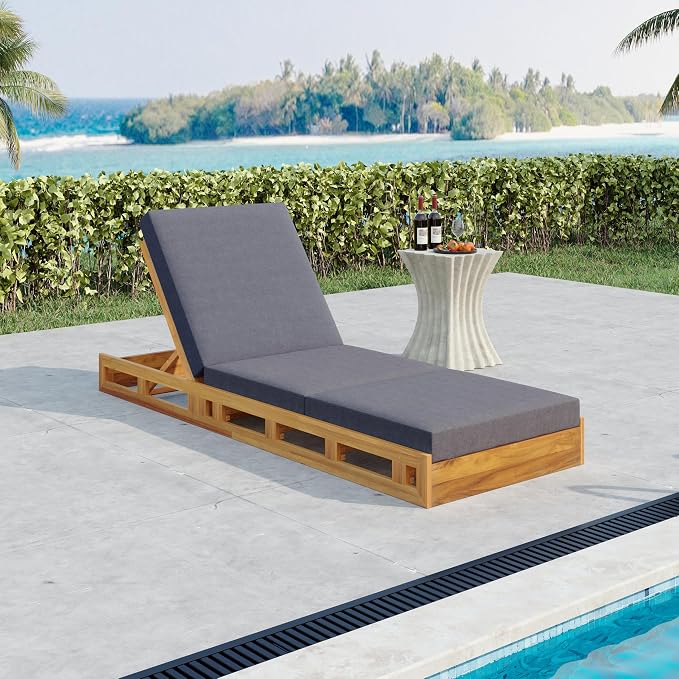 Merax Patio Chaise Lounge with Adjustable Backrest & Cushion, Acacia Wood Recliner Chair with Teak Finish for Backyard Pool Garden