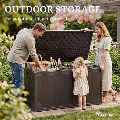 YITAHOME XXL 300 Gallon Extra Large Outdoor Deck Box, Lockable Resin Double-Wall Storage Box and Waterproof Patio Furniture Bin for Garden Tools & Pool Accessories, Brown