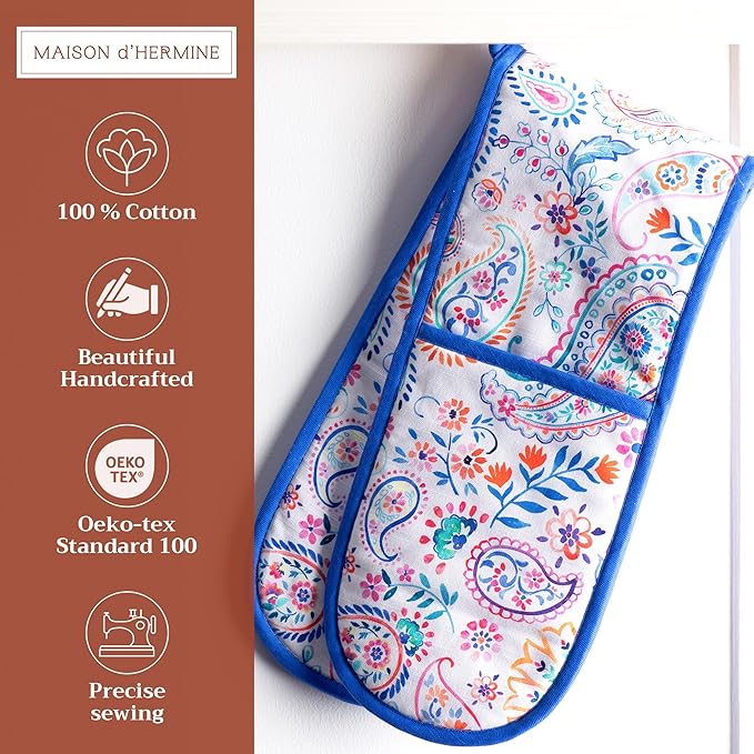Maison d' Hermine Double Oven Mitts 100% Cotton 7"x35" Double Oven Mitt Heat Resistant BBQ Cooking Gloves with Loop Baking Grilling Kitchen Hotel Home Farmhouse Spring Summer (Indian Floral)