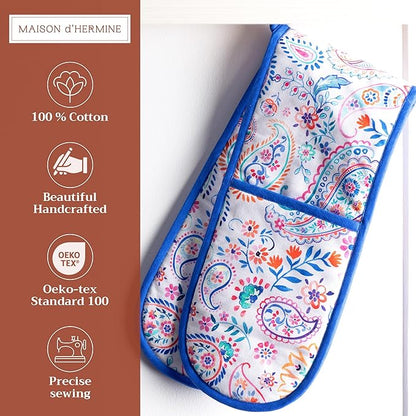 Maison d' Hermine Double Oven Mitts 100% Cotton 7"x35" Double Oven Mitt Heat Resistant BBQ Cooking Gloves with Loop Baking Grilling Kitchen Hotel Home Farmhouse Spring Summer (Indian Floral)