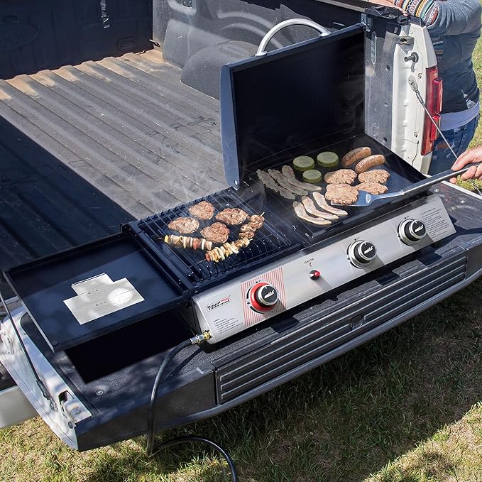 3-Burner Portable Propane Gas Griddle with Side Burner, 3-in-1 Grill and Griddle Combo with Lid, Outdoor Cooking, 29,000 BTU, Silver, PD1305H-SC