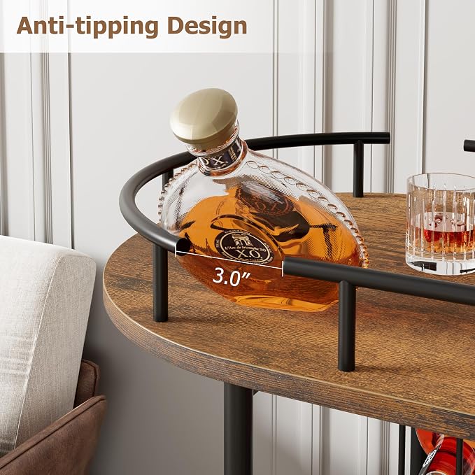 GarveeHome 3-Tier Bar Cart on Wheels, Mobile Serving Cart with Wine Rack and Glass Holder, Metal Kitchen Utility Cart for Coffee Station, Mini Home Bar, Dining Room - Black+Retro Brown