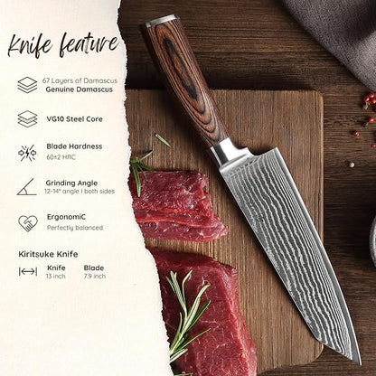 Wakoli EDIB Damascus Kiritsuke Chef Knife – 7.9-Inch Japanese Style Kitchen Knife | Genuine 67-Layer Damascus Steel Blade with VG10 Core | Ergonomic Pakkawood Handle | Professional Cooking Knife