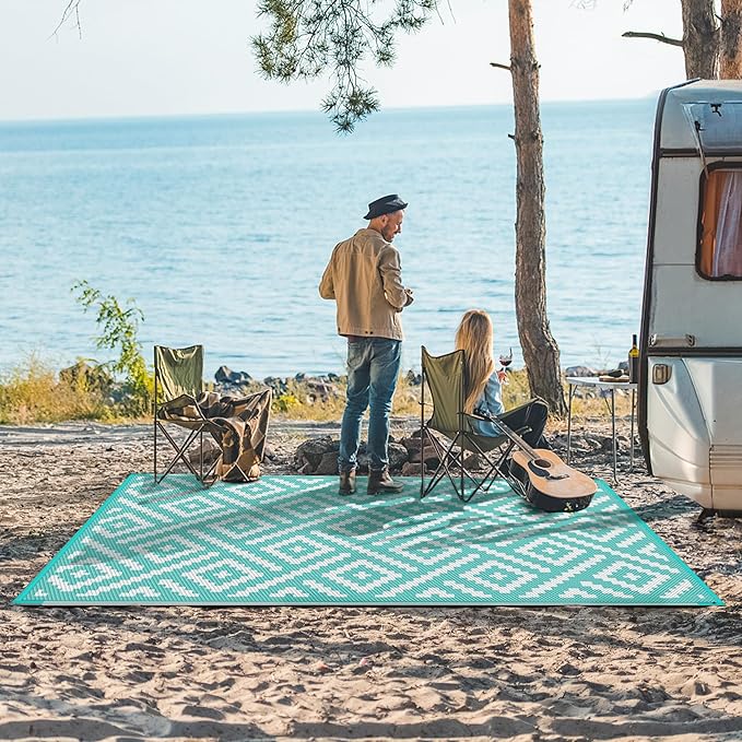 GENIMO Outdoor Rug, Waterproof Plastic Rugs for Patio, 6'x9' Mist Blue | Outside Larger Modern Carpet Mat for Porch Decor, Deck, Balcony, Camping, RV, Backyard, Picnic, Beach, Reversible, Foldable