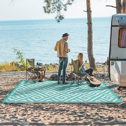 GENIMO Outdoor Rug, Waterproof Plastic Rugs for Patio, 6'x9' Mist Blue | Outside Larger Modern Carpet Mat for Porch Decor, Deck, Balcony, Camping, RV, Backyard, Picnic, Beach, Reversible, Foldable