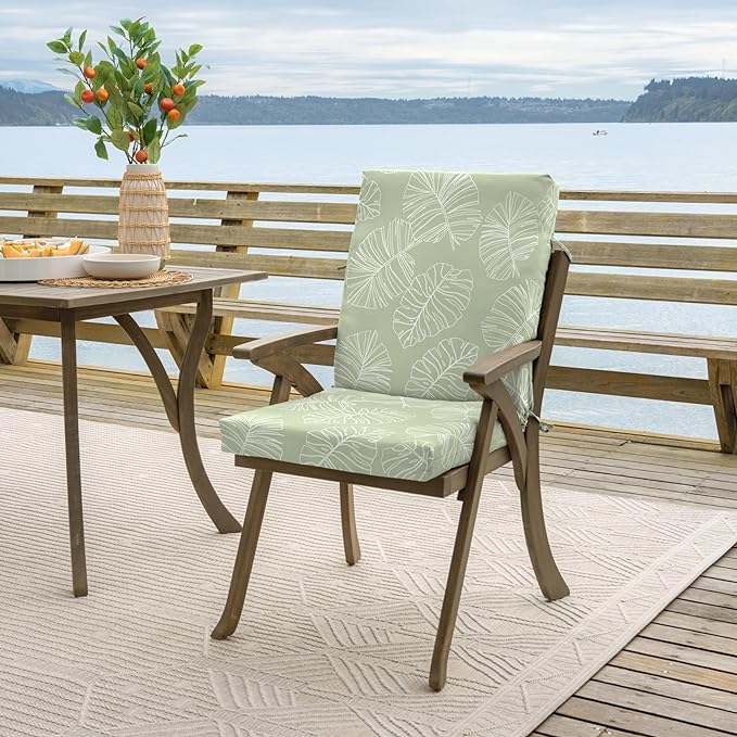 Arden 2-Pack Outdoor Patio Dining Chair Cushion, 20x44, Rain-Proof Seat Pad, Fade-Resistant Outdoor Cushion Coastal Green Leaf