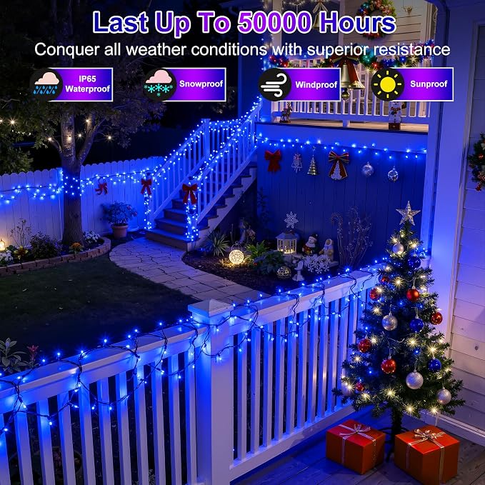 750 LED 240FT Christmas Lights, 12 Modes Christmas String Lights, Plug-In | Blue String Lights with Timer, Dimming and Green Wire for Large Trees, Patios, Fences and Porches