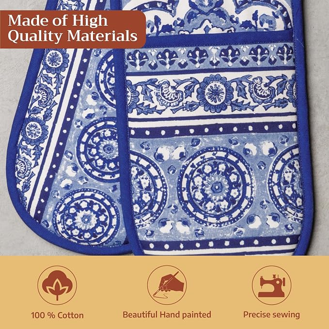 Maison d' Hermine Double Oven Mitts 100% Cotton Double Oven Glove (7"x35") | Heat Resistant BBQ Cooking Gloves with Loop Baking Grilling Kitchen Hotel Home Farmhouse Spring Summer - Melodie Bleue