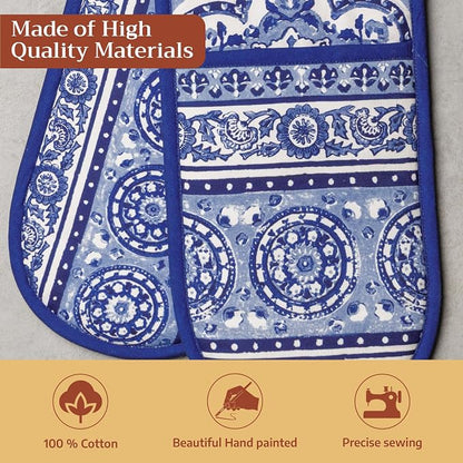 Maison d' Hermine Double Oven Mitts 100% Cotton Double Oven Glove (7"x35") | Heat Resistant BBQ Cooking Gloves with Loop Baking Grilling Kitchen Hotel Home Farmhouse Spring Summer - Melodie Bleue
