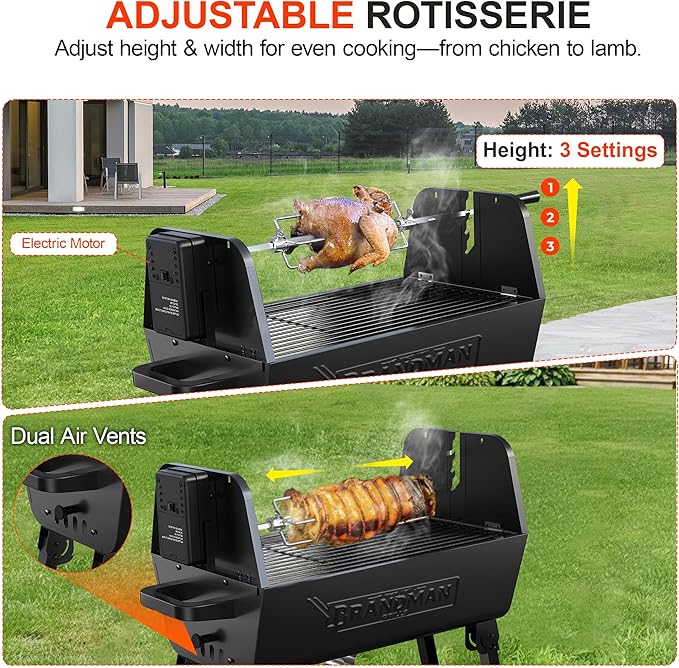 BRANDMAN GRILLS SINCE 1987 2 in 1 Portable Charcoal BBQ Rotisserie Grill with Motorized Kit 21 Inch Folding BBQ Grill 3 Level Height Lightweight for Backyard Outdoor Camping