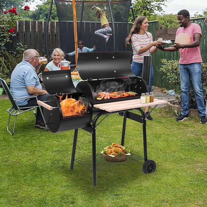 Dual Chamber Charcoal Grill & Smoker, Oil Drum BBQ with Side Smoker, 500-600°F High Temp, Portable Outdoor Grill with Wheels, Thermometer, Wood Shelf for Patio Camping Backyard Family Gathering Black