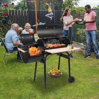 Dual Chamber Charcoal Grill & Smoker, Oil Drum BBQ with Side Smoker, 500-600°F High Temp, Portable Outdoor Grill with Wheels, Thermometer, Wood Shelf for Patio Camping Backyard Family Gathering Black