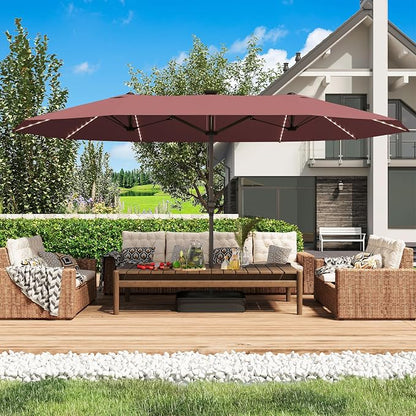 GDPFN 15ft Large Patio Umbrella with Solar Lights, Outdoor Double-Side Rectangular Umbrella with Base Included, Backyard Pool Umbrella with LED Light for Deck, Outside, Market, Burgundy