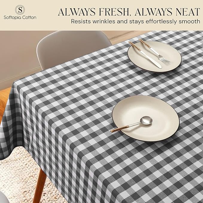 Gingham Buffalo Check 52"x70" Tablecloth 100% Cotton Washable Rustic Rectangle Table Cover Decorative for Gifts, Dining, BBQ, Buffet Parties & Camping - Grey
