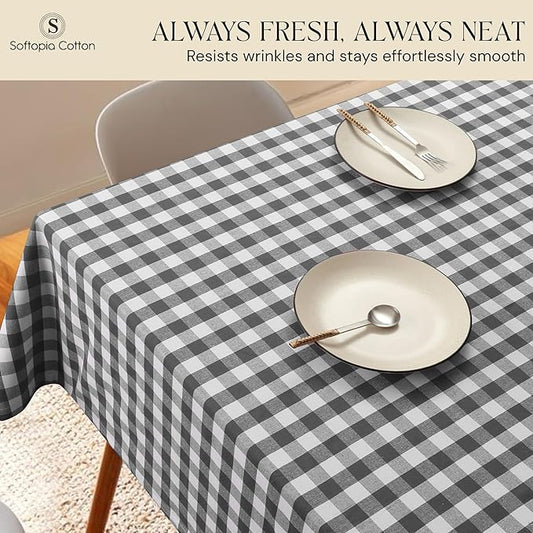 Gingham Buffalo Check 60"x84" Tablecloth 100% Cotton Washable Rustic Rectangle Table Cover Decorative for Gifts, Dining, BBQ, Buffet Parties & Camping - Grey